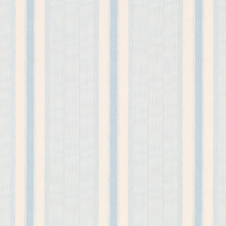 Ipala Stripe Vinyl wallpaper in Sky by Schumacher, a blue and cream striped high-performance Type II vinyl wallcovering designed by A Rum Fellow.