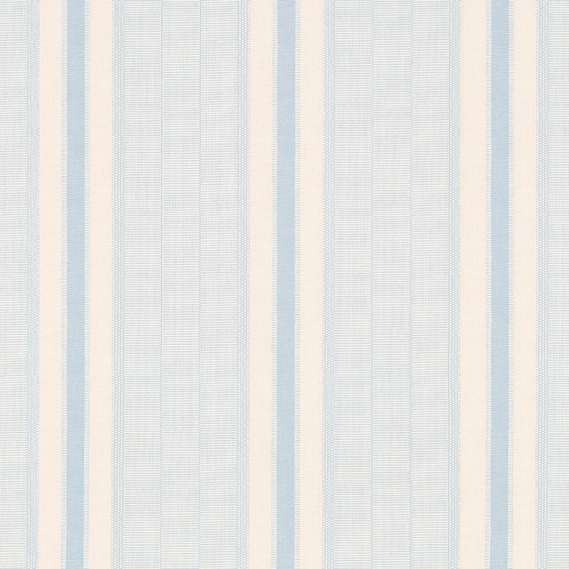 Ipala Stripe Vinyl wallpaper in Sky by Schumacher, a blue and cream striped high-performance Type II vinyl wallcovering designed by A Rum Fellow.