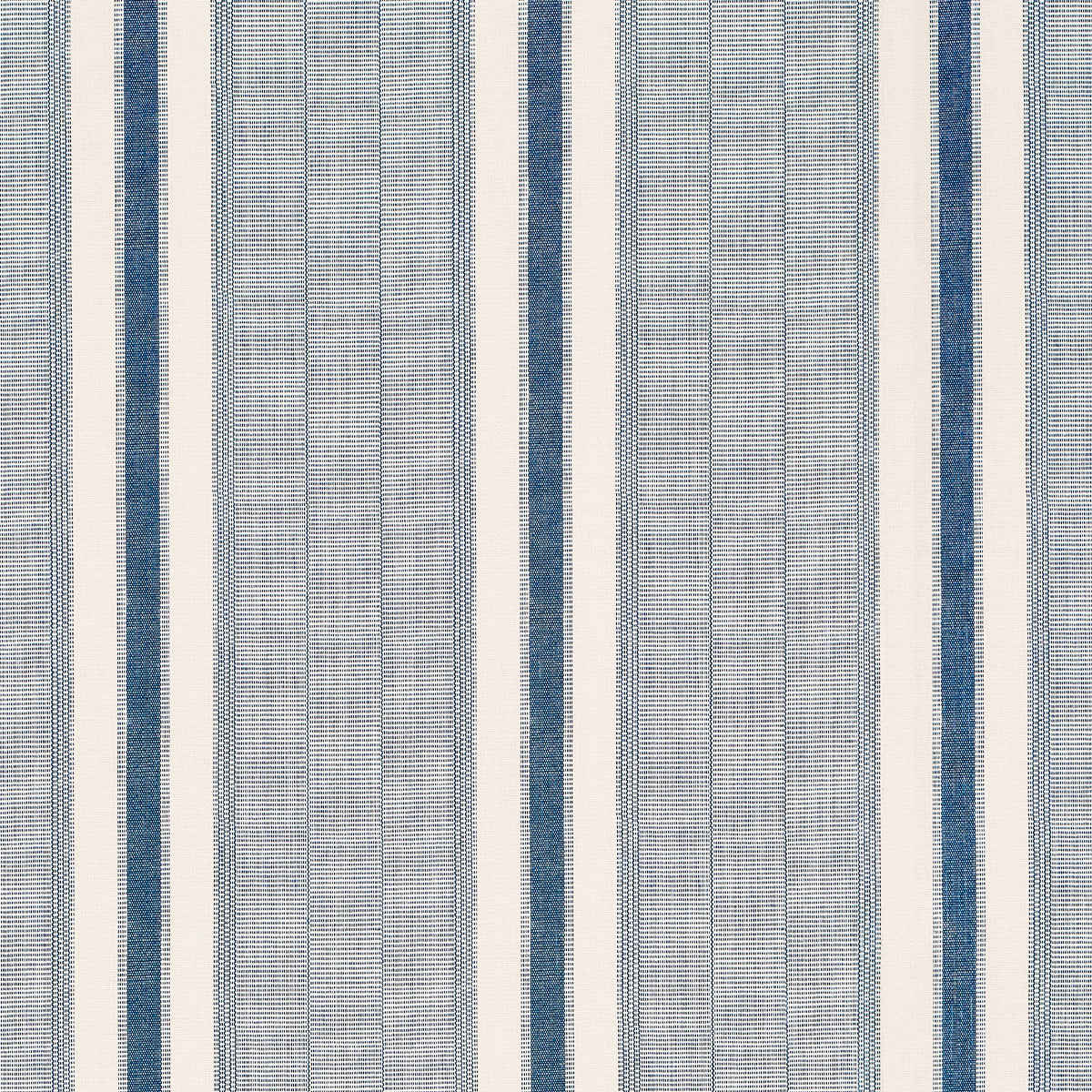 Ipala Stripe Vinyl wallpaper in Ocean by Schumacher, a blue and white multi-width stripe high-performance vinyl wallcovering designed in collaboration with A Rum Fellow.