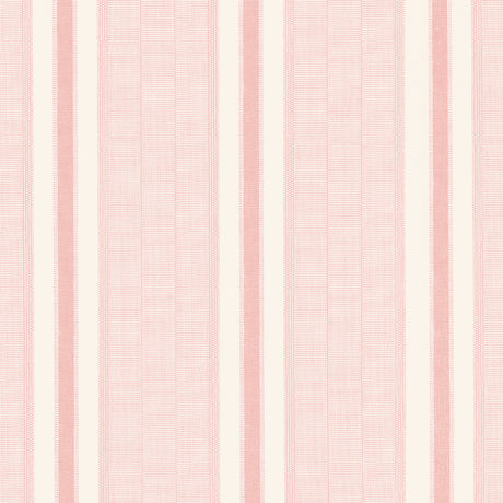 Ipala Stripe Vinyl wallpaper in blush by Schumacher, a high-performance Type II vinyl wallcovering with a multi-width stripe pattern, shown in a bathroom interior.