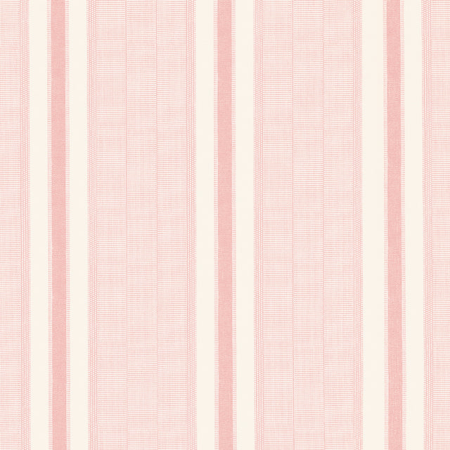 Ipala Stripe Vinyl wallpaper in blush by Schumacher, a high-performance Type II vinyl wallcovering with a multi-width stripe pattern, shown in a bathroom interior.