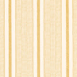 Ipala Stripe Vinyl wallpaper in ochre by Schumacher, featuring a multi-width stripe pattern in yellow and cream tones, shown in a bathroom interior and as a close-up of the roll.