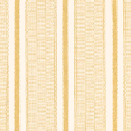 Ipala Stripe Vinyl wallpaper in ochre by Schumacher, featuring a multi-width stripe pattern in yellow and cream tones, shown in a bathroom interior and as a close-up of the roll.
