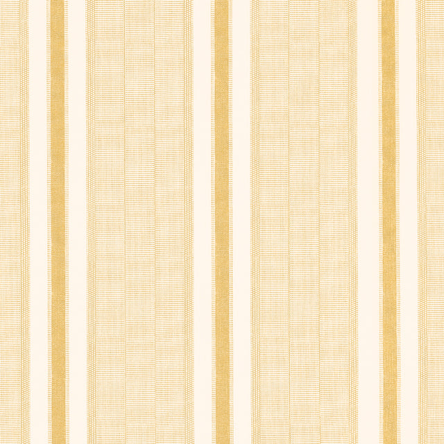 Ipala Stripe Vinyl wallpaper in ochre by Schumacher, featuring a multi-width stripe pattern in yellow and cream tones, shown in a bathroom interior and as a close-up of the roll.