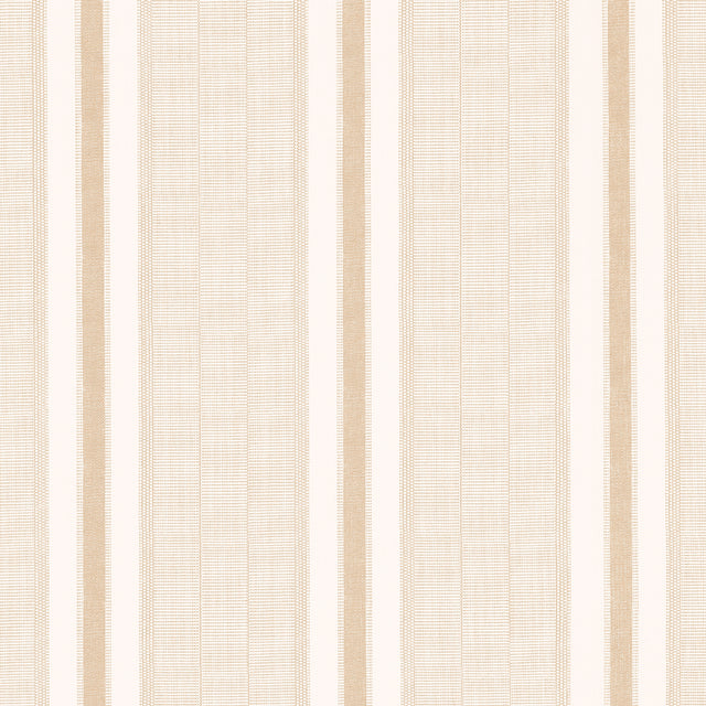 Ipala Stripe Vinyl wallpaper in Bisque by Schumacher, a high-performance Type II vinyl wallcovering with a multi-width stripe pattern, shown in a bathroom interior.