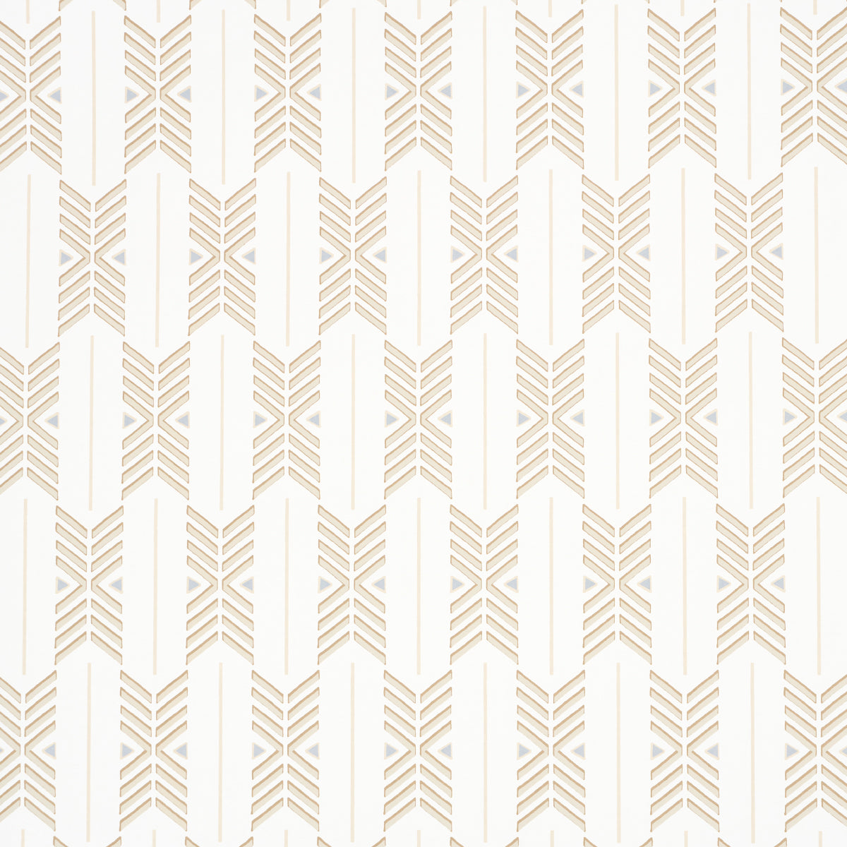 Quiver Sesame by A Rum Fellow for Schumacher. Modern chevron stripe wallpaper in neutral tones, shown in a styled bathroom and detail shots.