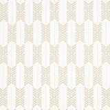 Quiver Sesame by A Rum Fellow for Schumacher. Modern chevron stripe wallpaper in neutral tones, shown in a styled bathroom and detail shots.