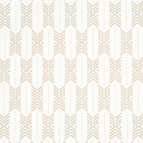 Quiver Sesame by A Rum Fellow for Schumacher. Modern chevron stripe wallpaper in neutral tones, shown in a styled bathroom and detail shots.