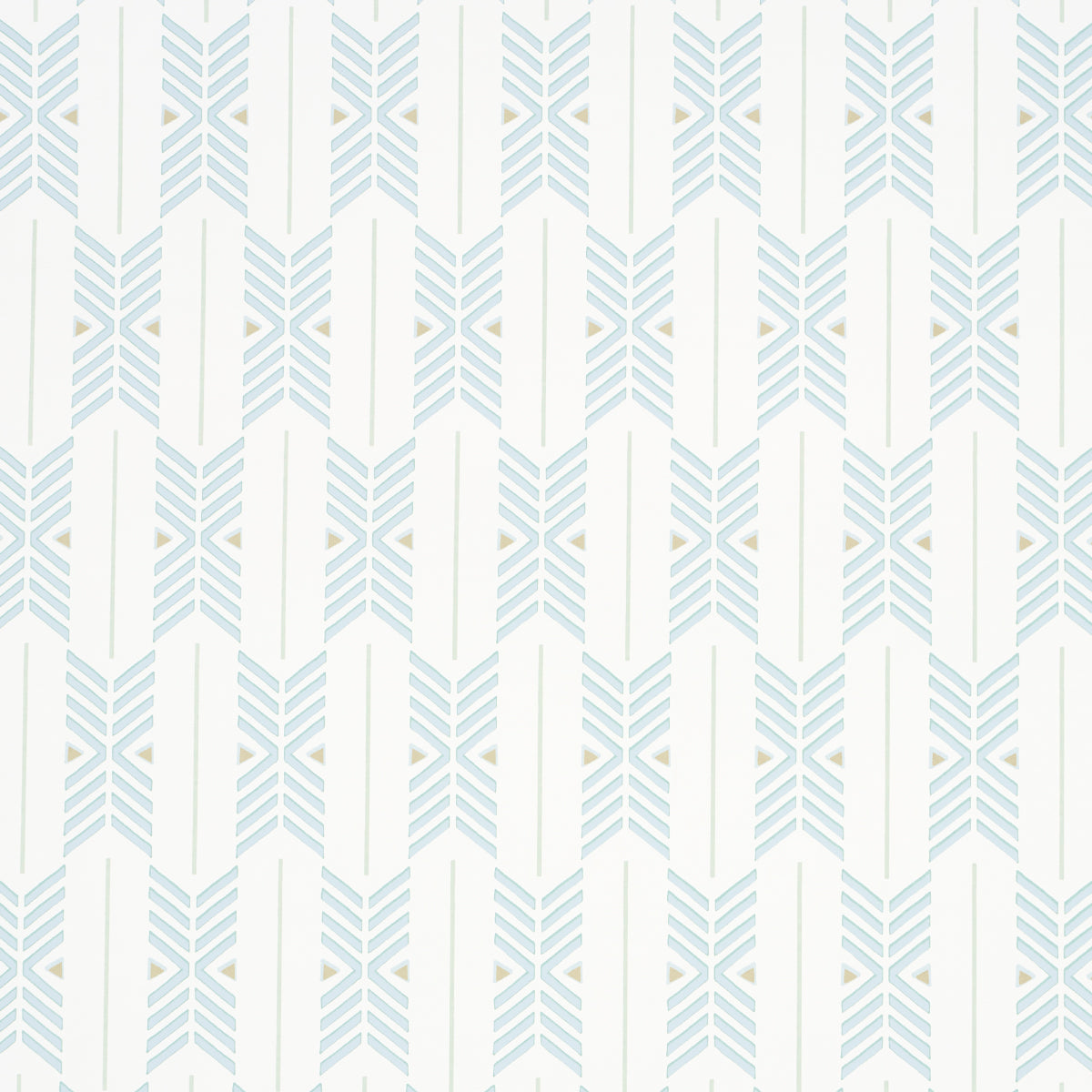 Quiver Haze by A Rum Fellow for Schumacher. Modern chevron stripe wallpaper in blue and white, shown in a styled bathroom interior and as a roll.