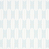 Quiver Haze by A Rum Fellow for Schumacher. Modern chevron stripe wallpaper in blue and white, shown in a styled bathroom interior and as a roll.