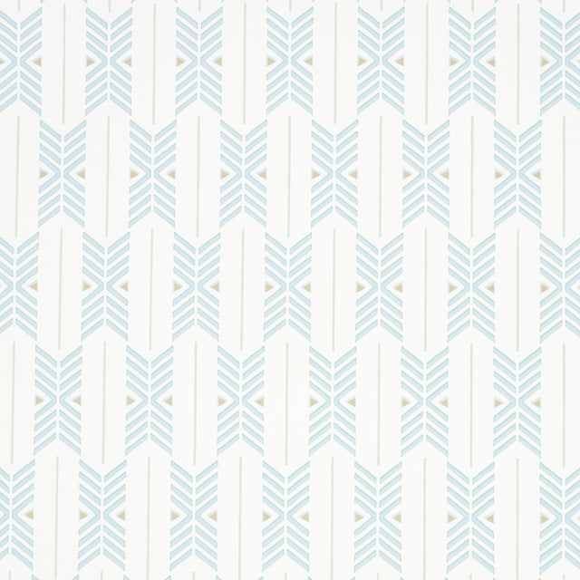 Quiver Haze by A Rum Fellow for Schumacher. Modern chevron stripe wallpaper in blue and white, shown in a styled bathroom interior and as a roll.