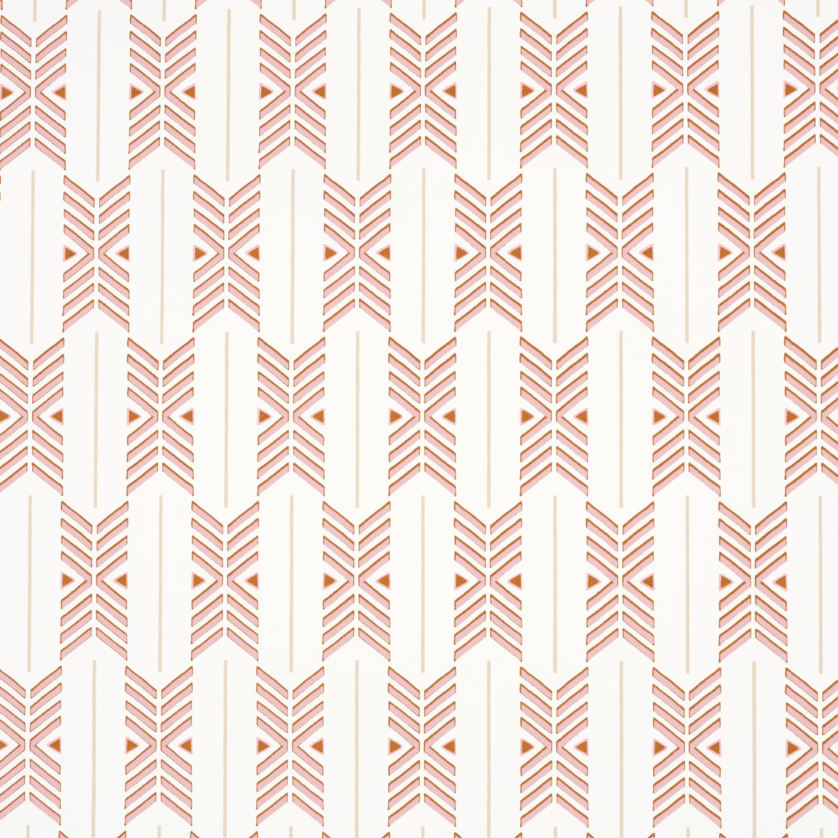 Quiver Sunset by A Rum Fellow for Schumacher. Modern chevron stripe wallpaper in sunset hues, shown in a styled bathroom and as a roll.