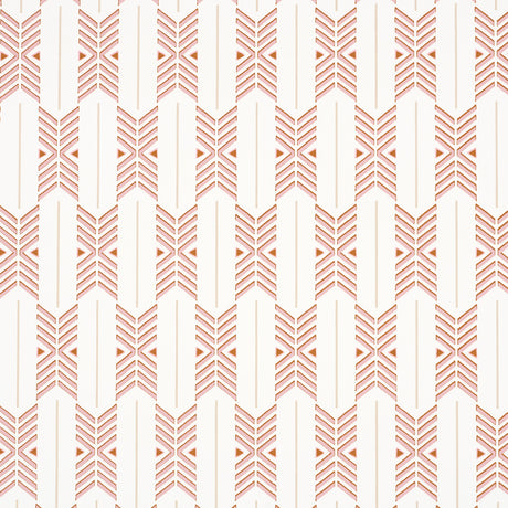 Quiver Sunset by A Rum Fellow for Schumacher. Modern chevron stripe wallpaper in sunset hues, shown in a styled bathroom and as a roll.