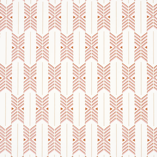 Quiver Sunset by A Rum Fellow for Schumacher. Modern chevron stripe wallpaper in sunset hues, shown in a styled bathroom and as a roll.