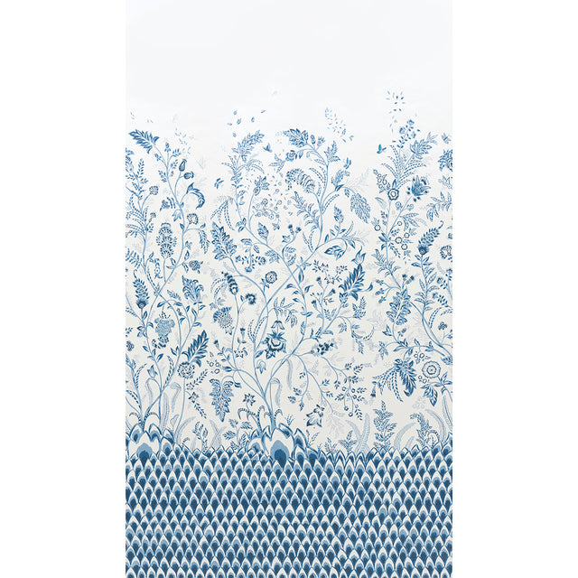 Chinoiserie Grande Panel Set in Indigo by Schumacher, featuring large-scale climbing flowers and architectural motifs in blue and white.