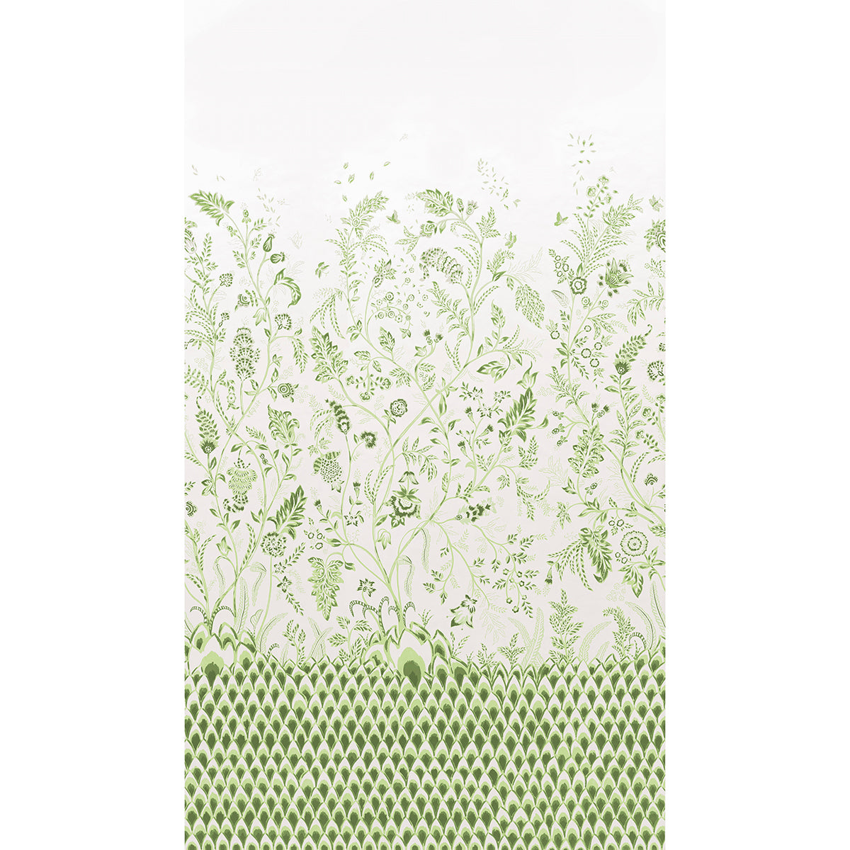 Chinoiserie Grande Panel Set in Leaf Green by Mark D. Sikes for Schumacher, large scale botanical wall mural with climbing flowers and architectural forms.