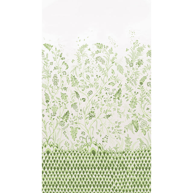 Chinoiserie Grande Panel Set in Leaf Green by Mark D. Sikes for Schumacher, large scale botanical wall mural with climbing flowers and architectural forms.