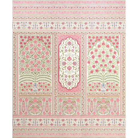 Montecito Panel Set by Mark D. Sikes for Schumacher. Large-scale, intricate paisley, floral, and medallion wallcovering in red and green on uncoated nonwoven.