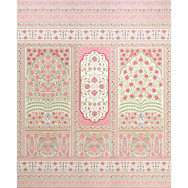 Montecito Panel Set by Mark D. Sikes for Schumacher. Large-scale, intricate paisley, floral, and medallion wallcovering in red and green on uncoated nonwoven.