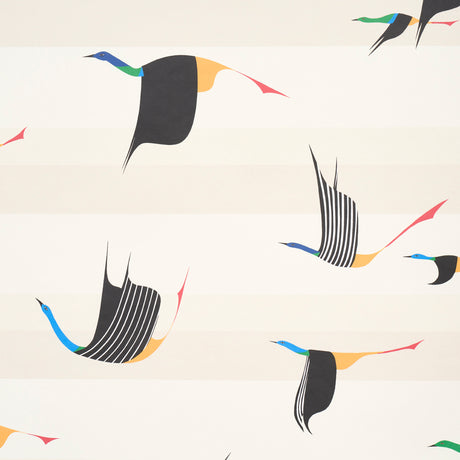 Flying West wallpaper by Peg Norriss for Schumacher, featuring stylized cranes in flight on a neutral background.