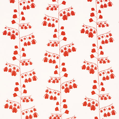 Red floral Bleeding Hearts wallpaper by Schumacher, designed by Peg Norriss, shown in a modern interior setting.