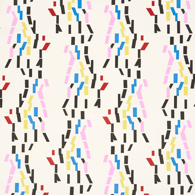 Confetti wallpaper by Peg Norriss for Schumacher, featuring a playful abstract multicolor stripe pattern inspired by artist Clare Rojas.