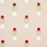 Forget Me Dots wallpaper by Peg Norriss for Schumacher, featuring playful red flowers and white dots on a neutral background.