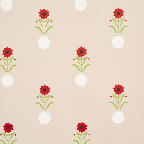 Forget Me Dots wallpaper by Peg Norriss for Schumacher, featuring playful red flowers and white dots on a neutral background.