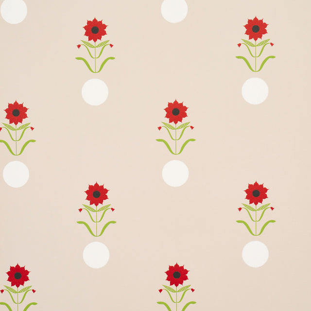 Forget Me Dots wallpaper by Peg Norriss for Schumacher, featuring playful red flowers and white dots on a neutral background.
