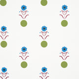 Forget Me Dots wallpaper by Schumacher in blue and plum, featuring playful abstract floral and dot motifs on a white background.