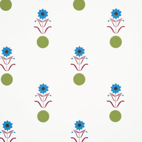 Forget Me Dots wallpaper by Schumacher in blue and plum, featuring playful abstract floral and dot motifs on a white background.