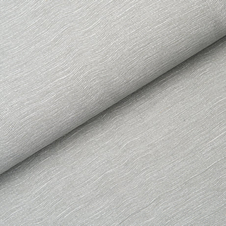 Linen Plissé Wallcovering in Mist by Schumacher, showing a close-up of the puckered linen texture and a styled room view.