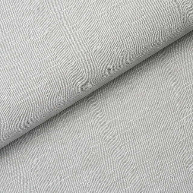 Linen Plissé Wallcovering in Mist by Schumacher, showing a close-up of the puckered linen texture and a styled room view.