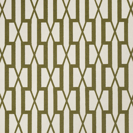 BELVEDERE Olive geometric trellis wallpaper by Veere Grenney for Schumacher, shown in room and detail views