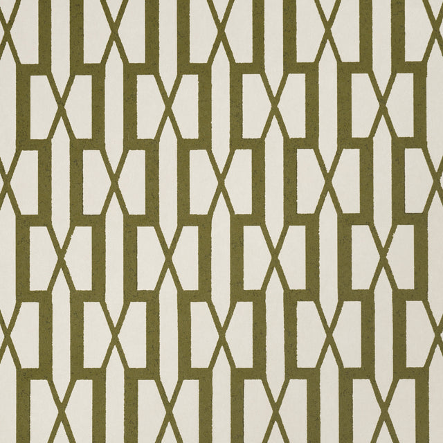 BELVEDERE Olive geometric trellis wallpaper by Veere Grenney for Schumacher, shown in room and detail views