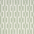 Belvedere Celadon geometric trellis wallpaper by Schumacher, designed by Veere Grenney, shown in a styled interior and close-up views.