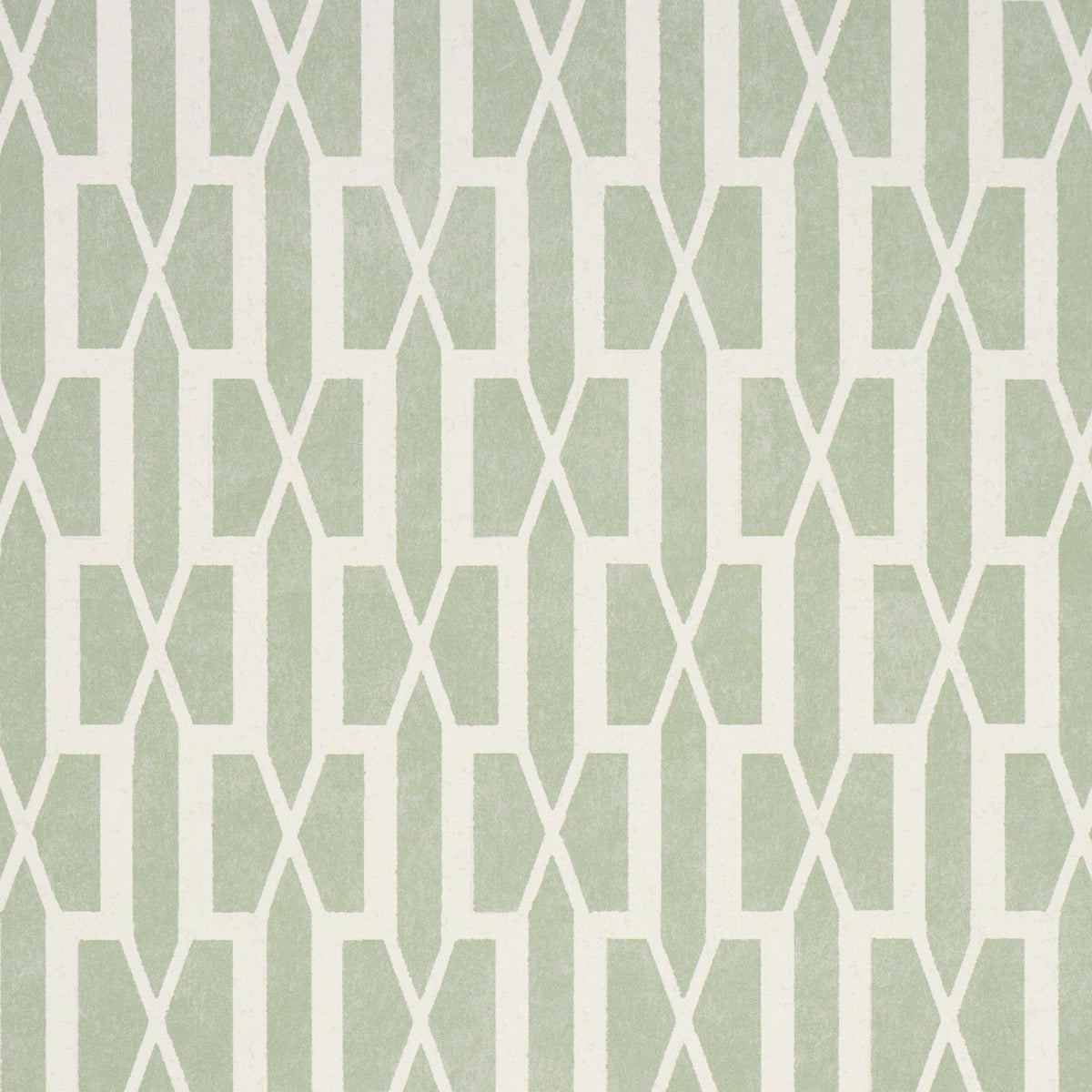 Belvedere Celadon geometric trellis wallpaper by Schumacher, designed by Veere Grenney, shown in a styled interior and close-up views.
