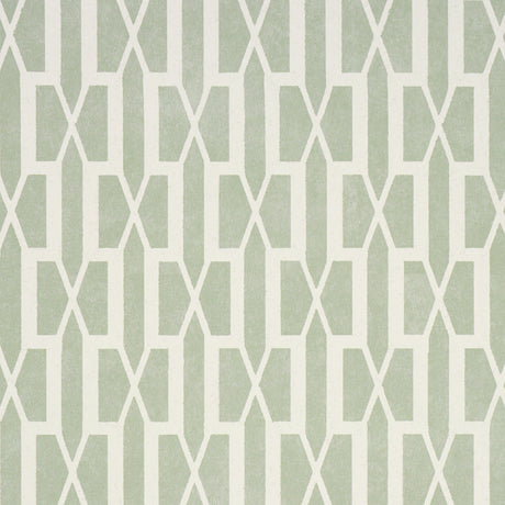 Belvedere Celadon geometric trellis wallpaper by Schumacher, designed by Veere Grenney, shown in a styled interior and close-up views.