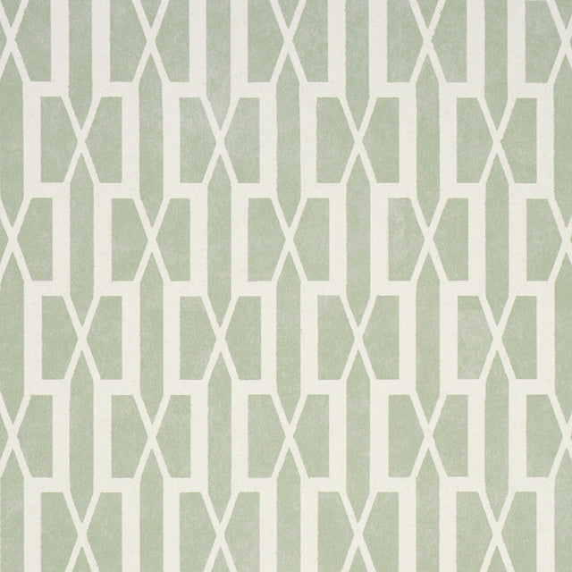 Belvedere Celadon geometric trellis wallpaper by Schumacher, designed by Veere Grenney, shown in a styled interior and close-up views.