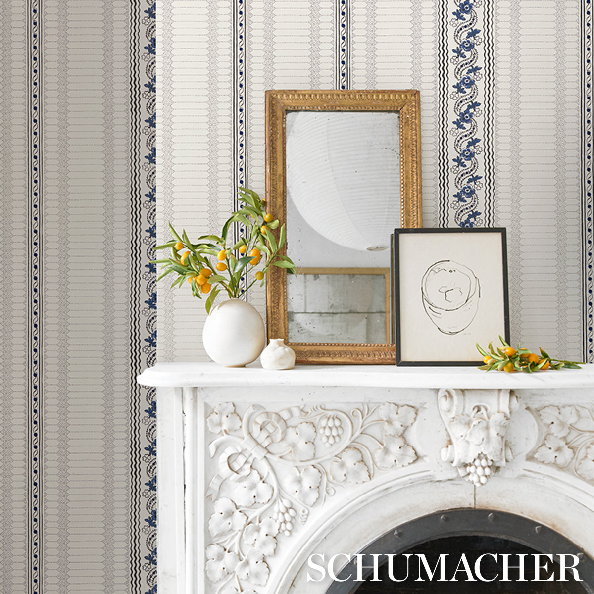 Serena Stripe Blue by Rita Konig Floral Stripe Wallpaper – Schumacher 5015930