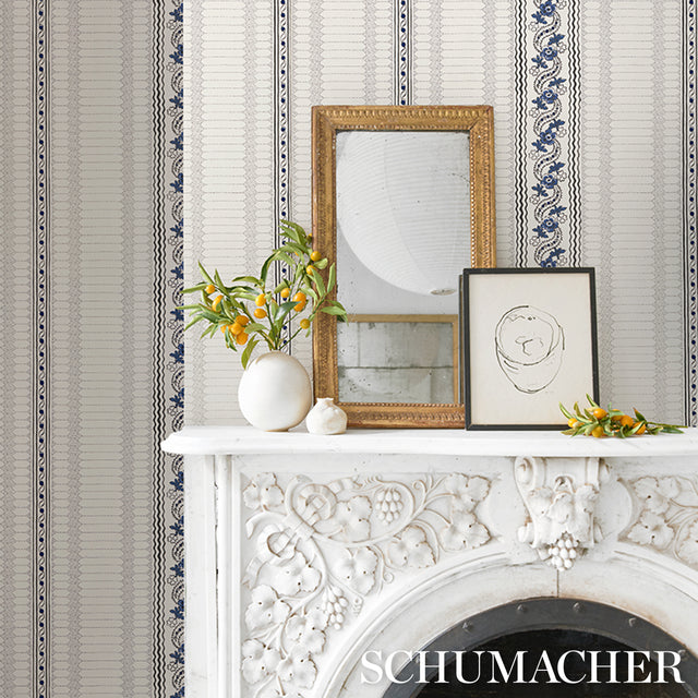 Serena Stripe Blue by Rita Konig Floral Stripe Wallpaper – Schumacher 5015930