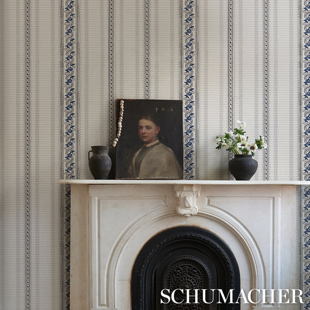 Serena Stripe Blue by Rita Konig Floral Stripe Wallpaper – Schumacher 5015930