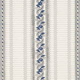 Serena Stripe wallpaper by Rita Konig for Schumacher, featuring blue floral and stripe pattern on a white background.