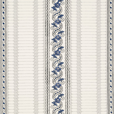 Serena Stripe wallpaper by Rita Konig for Schumacher, featuring blue floral and stripe pattern on a white background.