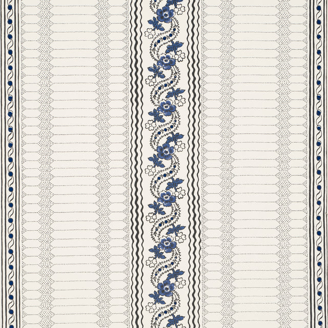 Serena Stripe wallpaper by Rita Konig for Schumacher, featuring blue floral and stripe pattern on a white background.