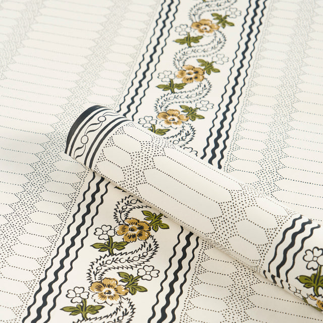 Serena Stripe Ochre by Rita Konig Floral Stripe Designer Wallpaper – Schumacher 5015931
