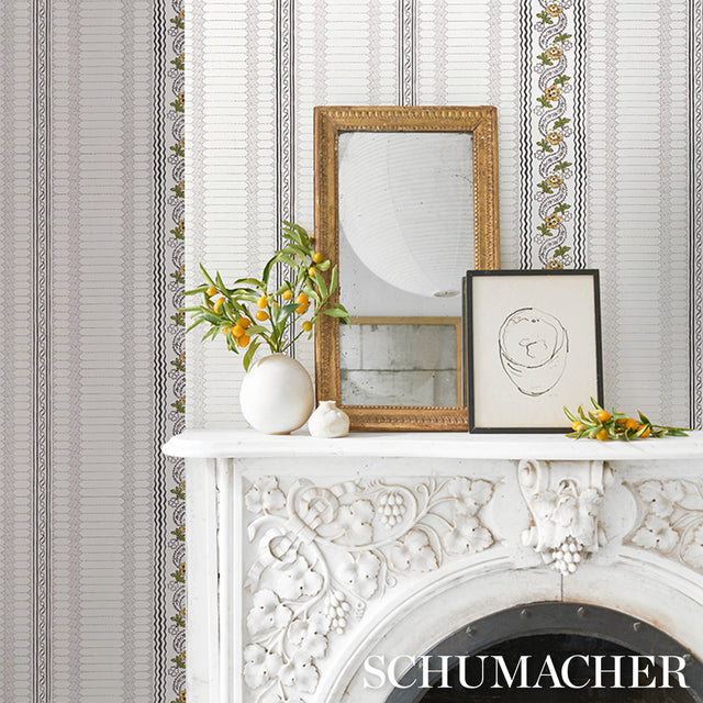 Serena Stripe Ochre by Rita Konig Floral Stripe Designer Wallpaper – Schumacher 5015931