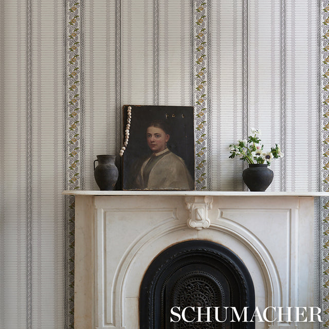Serena Stripe Ochre by Rita Konig Floral Stripe Designer Wallpaper – Schumacher 5015931