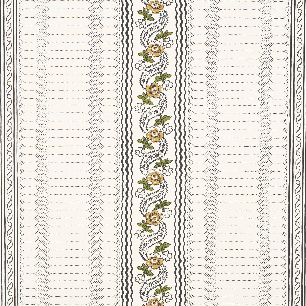 Serena Stripe wallpaper in Ochre by Rita Konig for Schumacher, featuring a floral and stripe pattern in ochre, green, and black on a white background.