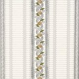 Serena Stripe wallpaper in Ochre by Rita Konig for Schumacher, featuring a floral and stripe pattern in ochre, green, and black on a white background.